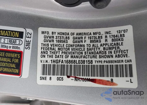 2008 Honda Civic Ex z USA, uszkodzony, nr VIN 1HGFA16868L038158